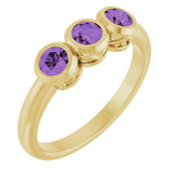 14K Gold Round Natural Amethyst Three-Stone Bezel-Set Ring - Yellow Gold