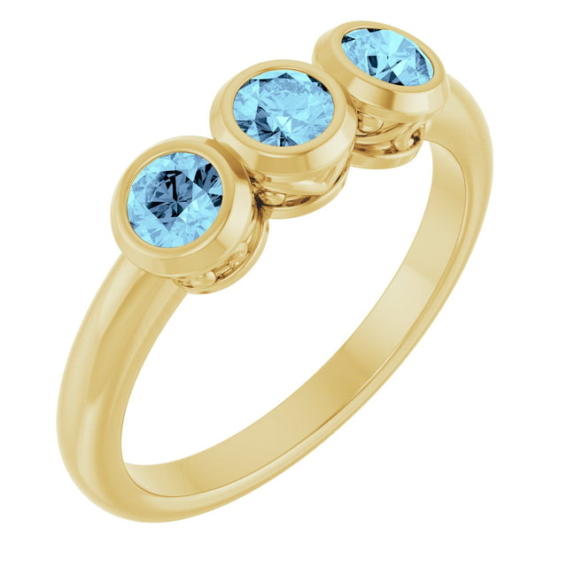 14K Gold Round Natural Aquamarine Three-Stone Bezel-Set Ring - Yellow Gold