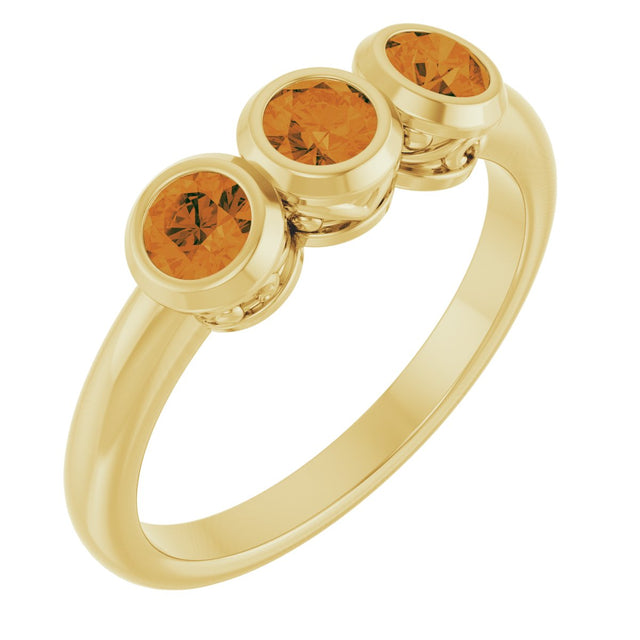 14K Gold Round Natural Citrine Three-Stone Bezel-Set Ring - Yellow Gold