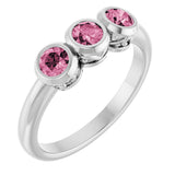 Platinum Round Natural Pink Tourmaline Three-Stone Bezel-Set Ring