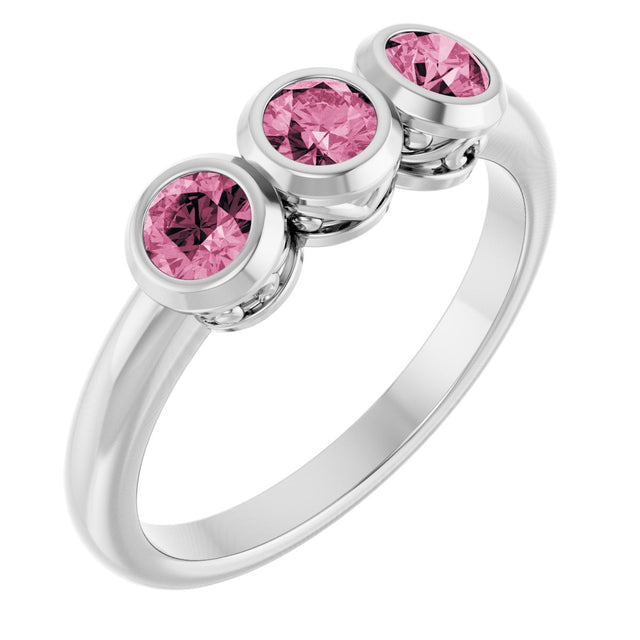 Platinum Round Natural Pink Tourmaline Three-Stone Bezel-Set Ring