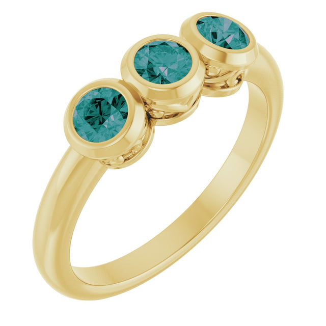 14K Gold Round Lab-Grown Alexandrite Three-Stone Bezel-Set Ring - Yellow Gold