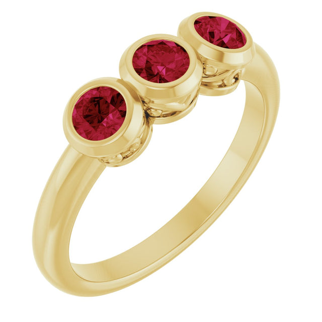 14K Gold Round Lab-Grown Ruby Three-Stone Bezel-Set Ring - Yellow Gold