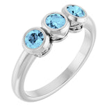 Platinum Round Natural Aquamarine Three-Stone Bezel-Set Ring