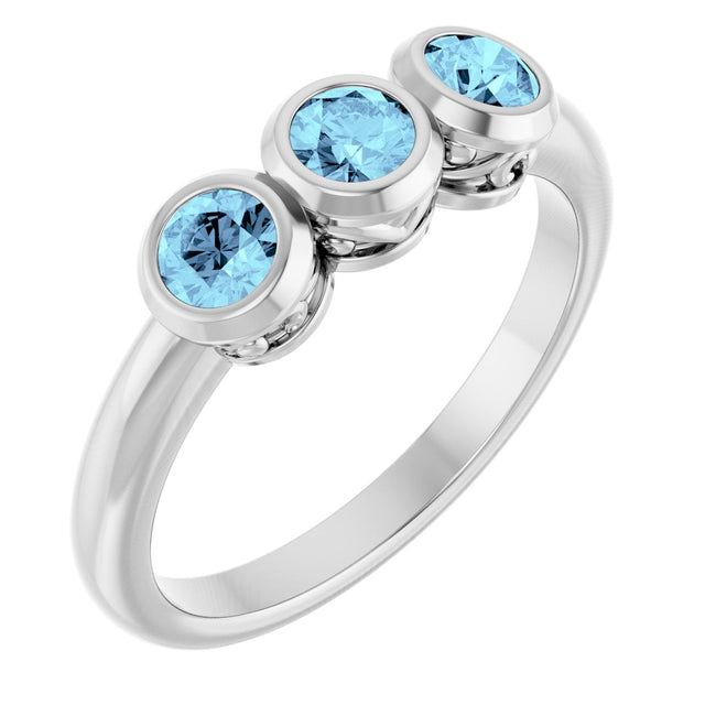 Platinum Round Natural Aquamarine Three-Stone Bezel-Set Ring