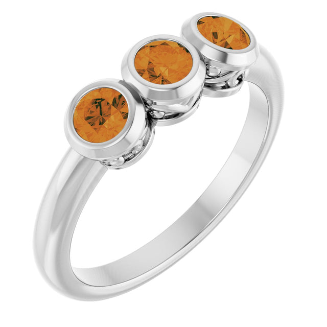 Platinum Round Natural Citrine Three-Stone Bezel-Set Ring