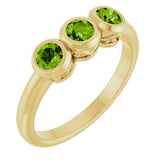 14K Gold Round Natural Peridot Three-Stone Bezel-Set Ring - Yellow Gold
