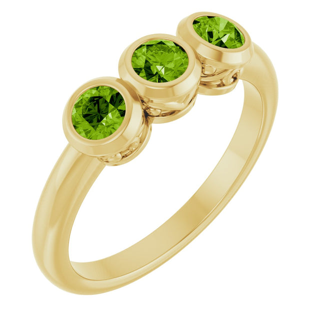 14K Gold Round Natural Peridot Three-Stone Bezel-Set Ring - Yellow Gold