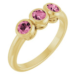 14K Gold Round Natural Pink Tourmaline Three-Stone Bezel-Set Ring - Yellow Gold