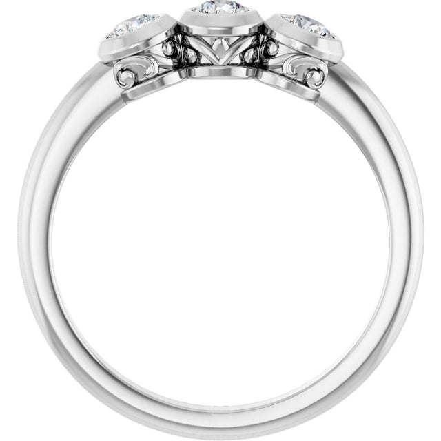 14K Gold Round Natural Diamond Three-Stone Bezel-Set Ring – 2.5-4mm Stones - White Gold - view 2