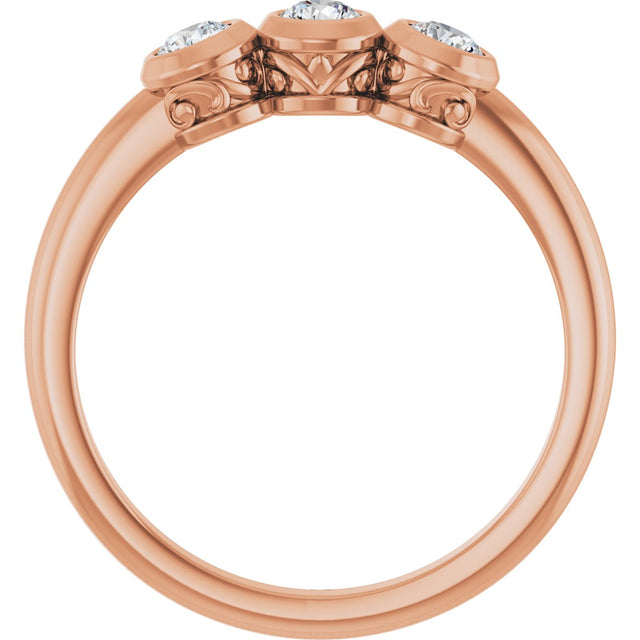 14K Gold Round Natural Diamond Three-Stone Bezel-Set Ring – 2.5-4mm Stones - Rose Gold - view 2
