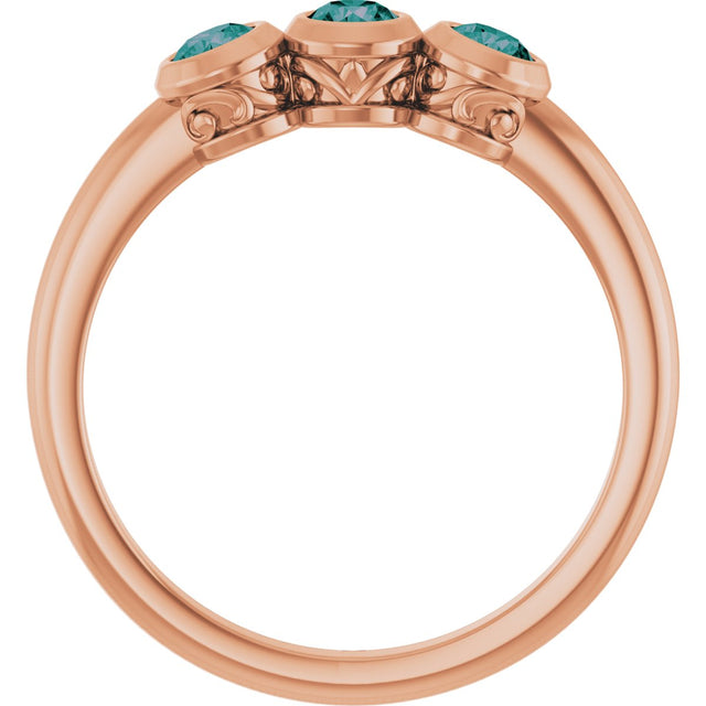 14K Gold Round Natural Alexandrite Three-Stone Bezel-Set Ring - Rose Gold - view 2