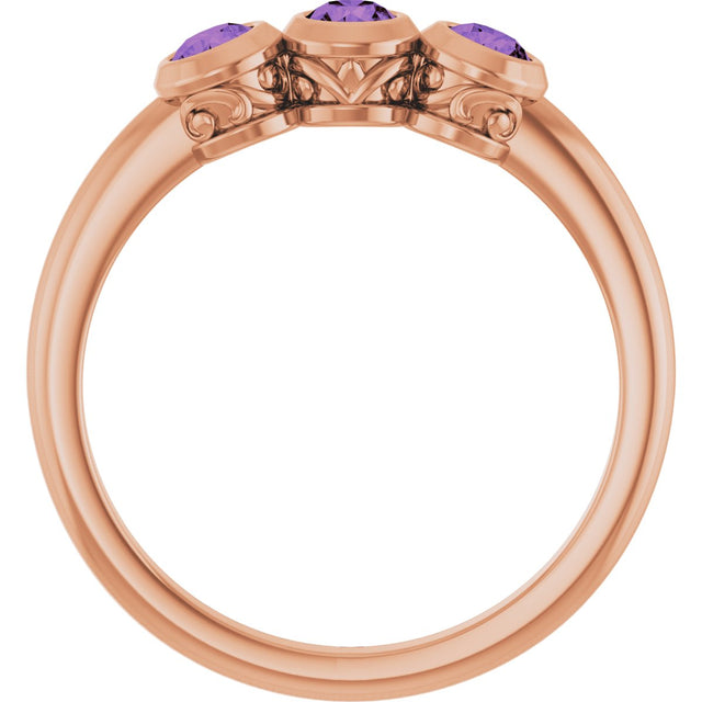 14K Gold Round Natural Amethyst Three-Stone Bezel-Set Ring - Rose Gold - view 2