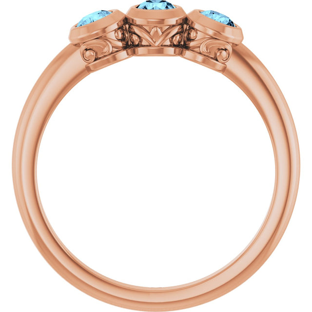 14K Gold Round Natural Aquamarine Three-Stone Bezel-Set Ring - Rose Gold - view 2