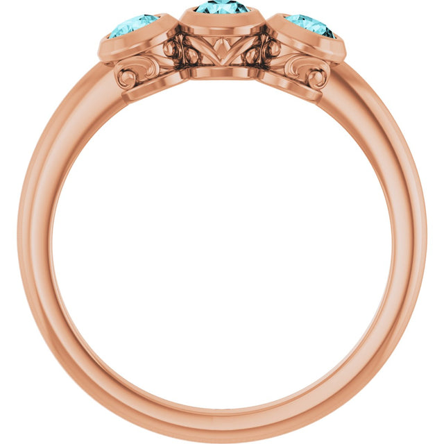 14K Gold Round Natural Blue Zircon Three-Stone Bezel-Set Ring - Rose Gold - view 2