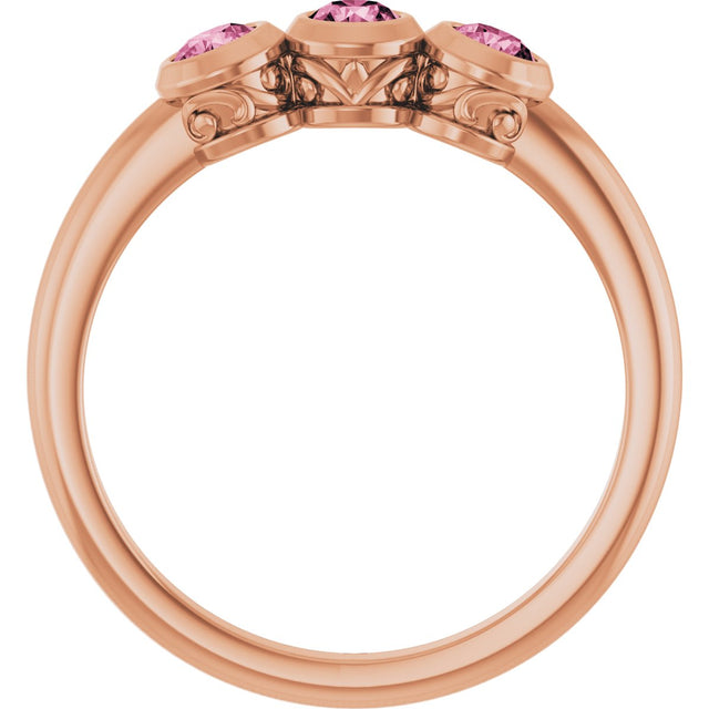 14K Gold Round Natural Pink Tourmaline Three-Stone Bezel-Set Ring - Rose Gold - view 2