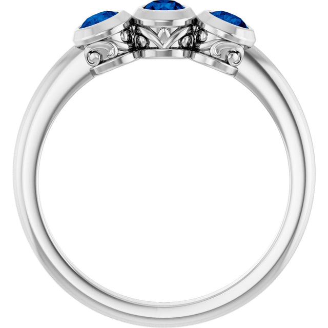 14K Gold Round Natural Blue Sapphire Three-Stone Bezel-Set Ring - White Gold - view 2