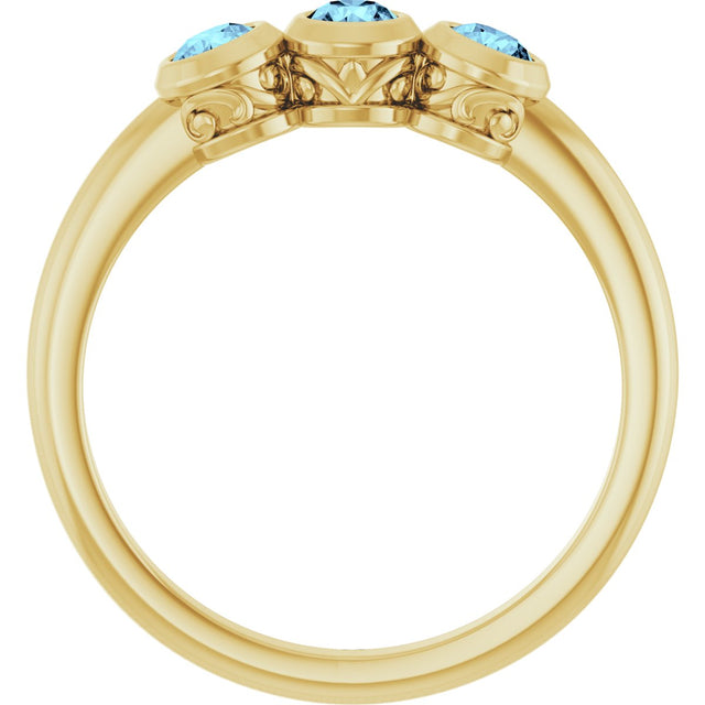 14K Gold Round Natural Aquamarine Three-Stone Bezel-Set Ring - Yellow Gold - view 2