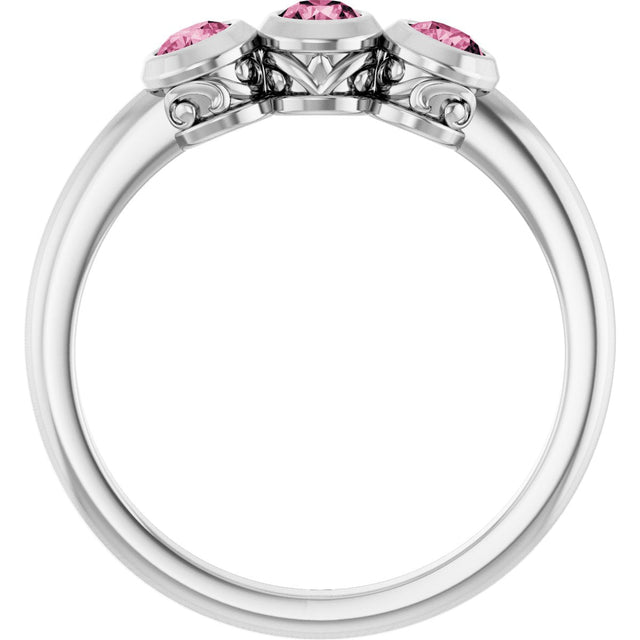 14K Gold Round Natural Pink Tourmaline Three-Stone Bezel-Set Ring - White Gold - view 2