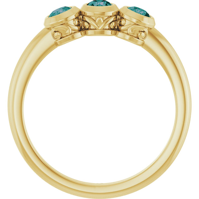 14K Gold Round Natural Alexandrite Three-Stone Bezel-Set Ring - Yellow Gold - view 2