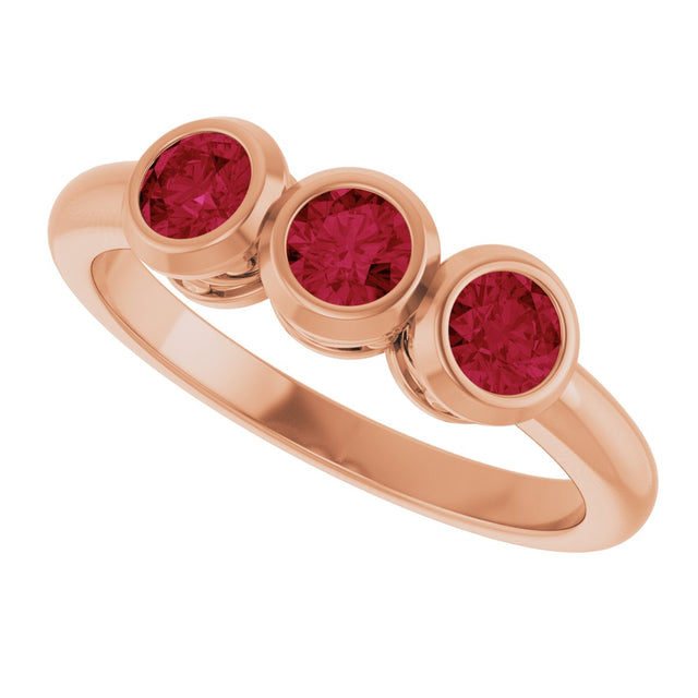 14K Gold Round Natural Ruby Three-Stone Bezel-Set Ring - Rose Gold - view 5
