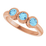 14K Gold Round Natural Aquamarine Three-Stone Bezel-Set Ring - Rose Gold - view 5