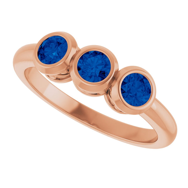 14K Gold Round Natural Blue Sapphire Three-Stone Bezel-Set Ring - Rose Gold - view 5