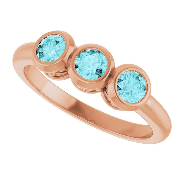 14K Gold Round Natural Blue Zircon Three-Stone Bezel-Set Ring - Rose Gold - view 5