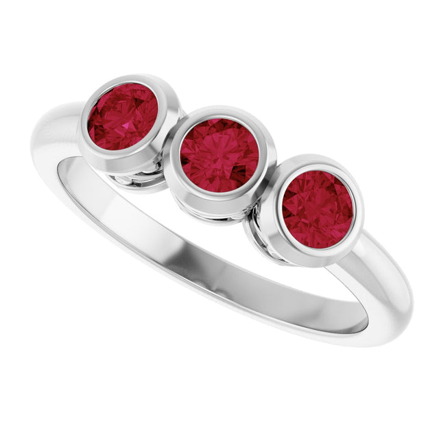 Platinum Round Lab-Grown Ruby Three-Stone Bezel-Set Ring - view 7