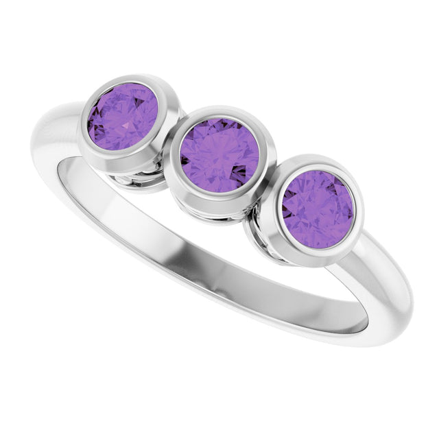 14K Gold Round Natural Amethyst Three-Stone Bezel-Set Ring - White Gold - view 5