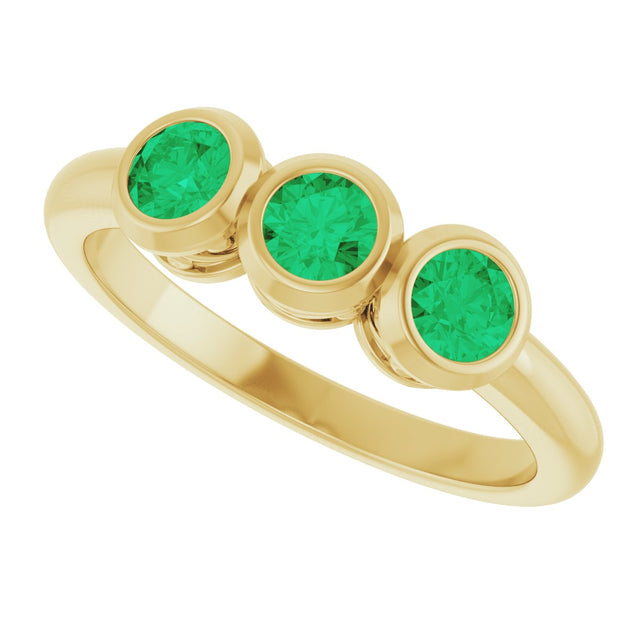14K Gold Round Natural Emerald Three-Stone Bezel-Set Ring - Yellow Gold - view 5