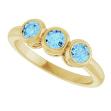 14K Gold Round Natural Aquamarine Three-Stone Bezel-Set Ring - Yellow Gold - view 5