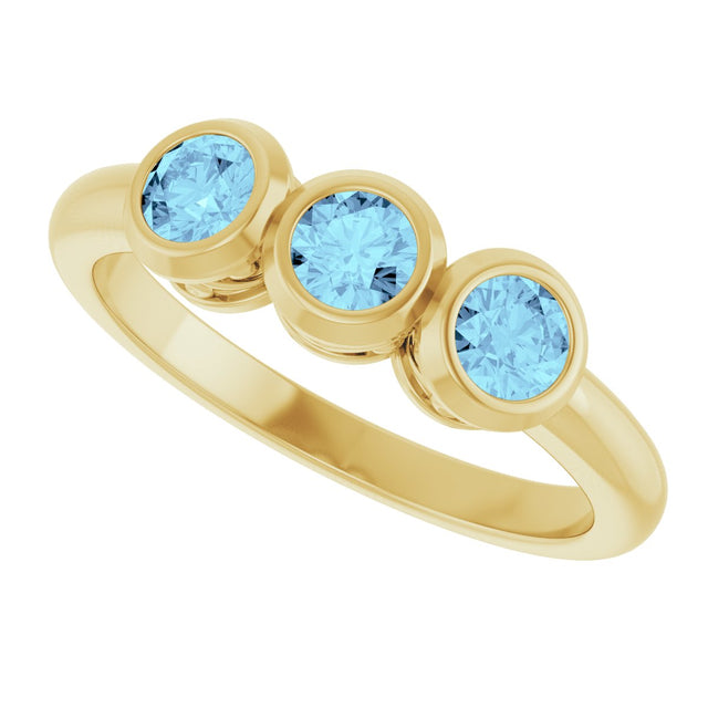 14K Gold Round Natural Aquamarine Three-Stone Bezel-Set Ring - Yellow Gold - view 5