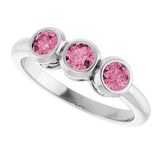 Platinum Round Natural Pink Tourmaline Three-Stone Bezel-Set Ring - view 7