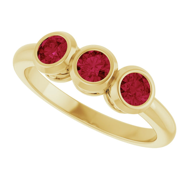 14K Gold Round Lab-Grown Ruby Three-Stone Bezel-Set Ring - Yellow Gold - view 5