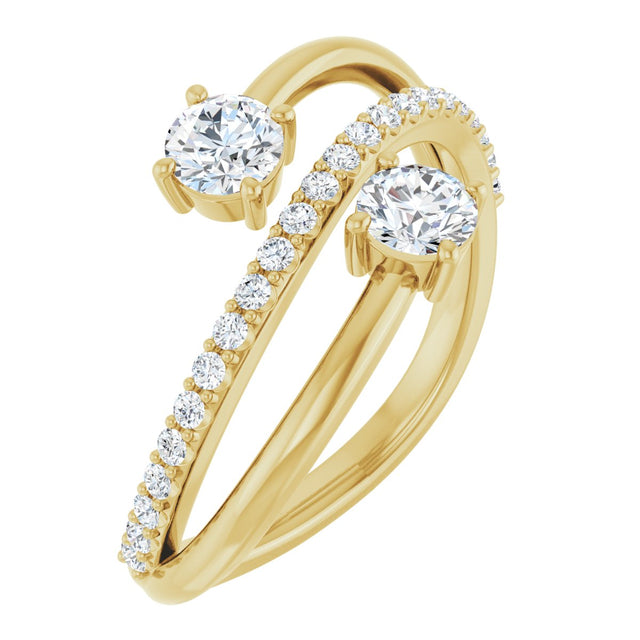14K Gold Round Natural Diamond Two-Stone Bypass Ring – 4.1mm Stones - Yellow Gold