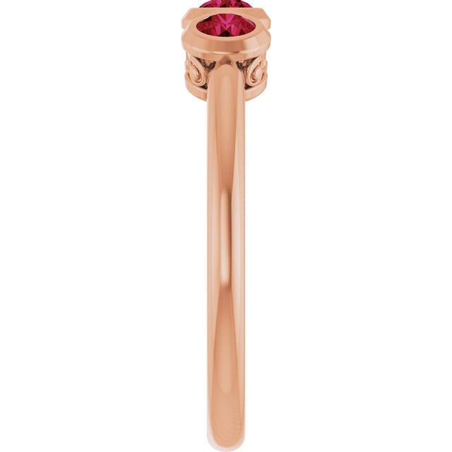 14K Gold Round Natural Ruby Three-Stone Bezel-Set Ring - Rose Gold - view 6
