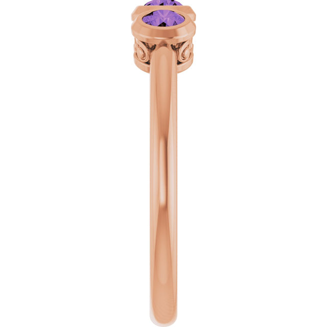 14K Gold Round Natural Amethyst Three-Stone Bezel-Set Ring - Rose Gold - view 6