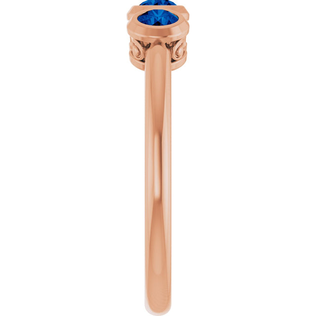 14K Gold Round Natural Blue Sapphire Three-Stone Bezel-Set Ring - Rose Gold - view 6