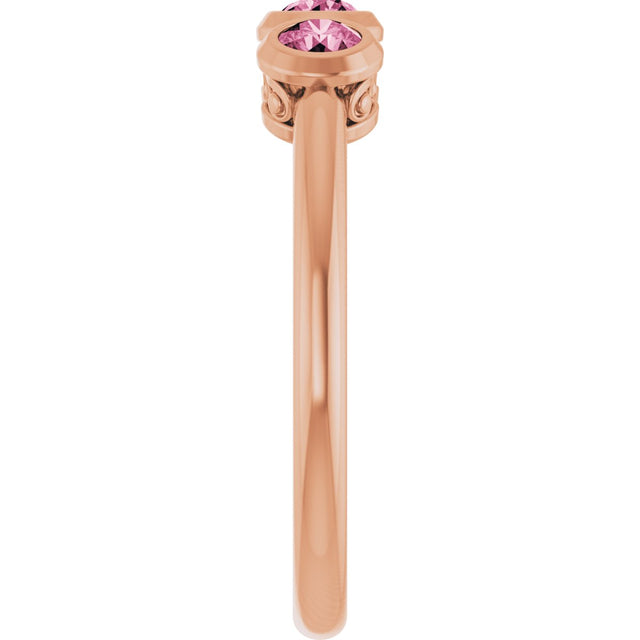 14K Gold Round Natural Pink Tourmaline Three-Stone Bezel-Set Ring - Rose Gold - view 6