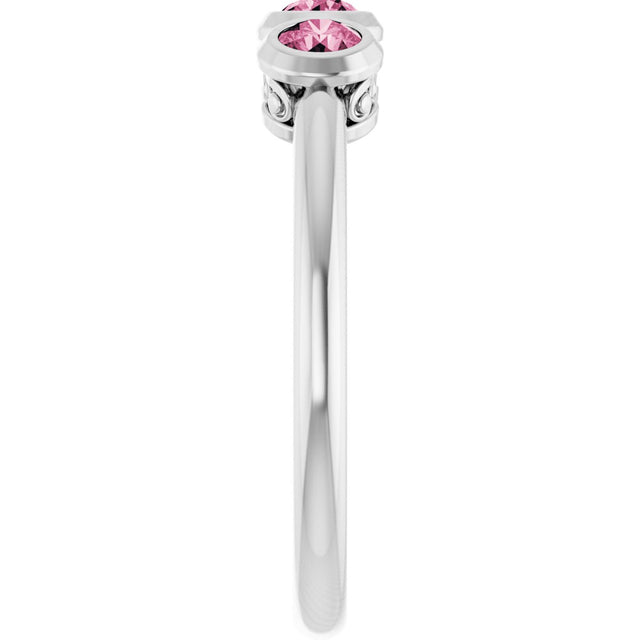 14K Gold Round Natural Pink Tourmaline Three-Stone Bezel-Set Ring - White Gold - view 4