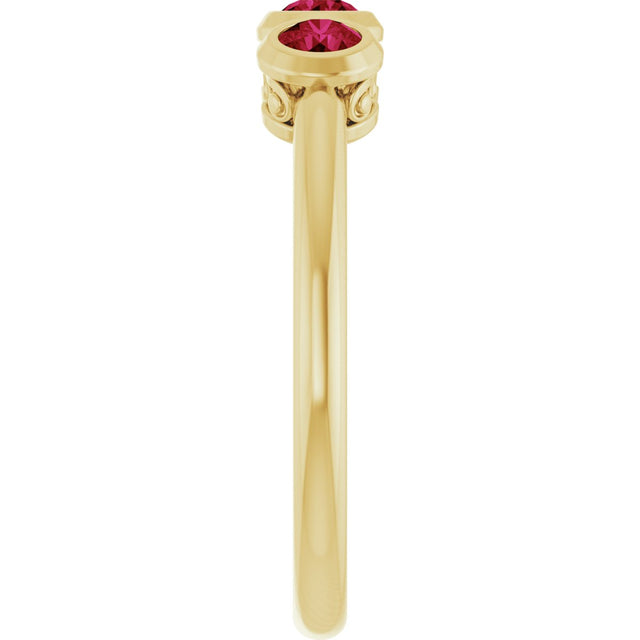 14K Gold Round Natural Ruby Three-Stone Bezel-Set Ring - Yellow Gold - view 4