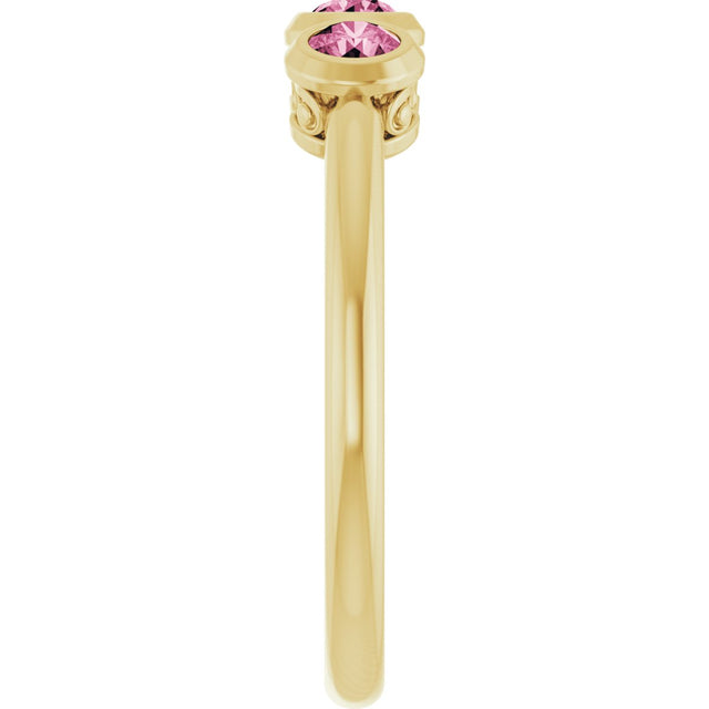 14K Gold Round Natural Pink Tourmaline Three-Stone Bezel-Set Ring - Yellow Gold - view 4