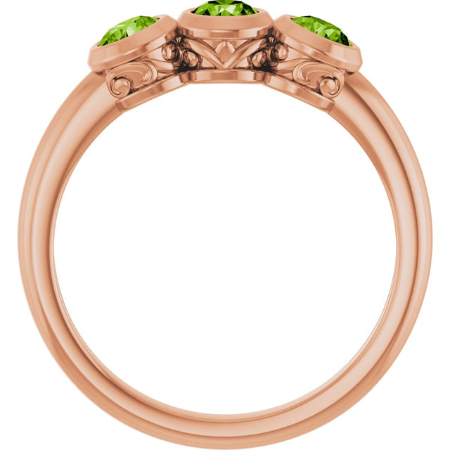 14K Gold Round Natural Peridot Three-Stone Bezel-Set Ring - Rose Gold - view 2