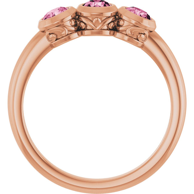 14K Gold Round Natural Pink Tourmaline Three-Stone Bezel-Set Ring - Rose Gold - view 2