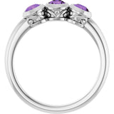 14K Gold Round Natural Amethyst Three-Stone Bezel-Set Ring - White Gold - view 2