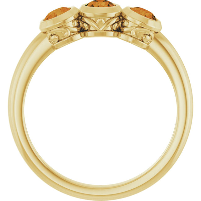 14K Gold Round Natural Citrine Three-Stone Bezel-Set Ring - Yellow Gold - view 2