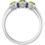 Platinum Round Natural Peridot Three-Stone Bezel-Set Ring - view 2