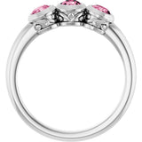 Platinum Round Natural Pink Tourmaline Three-Stone Bezel-Set Ring - view 2