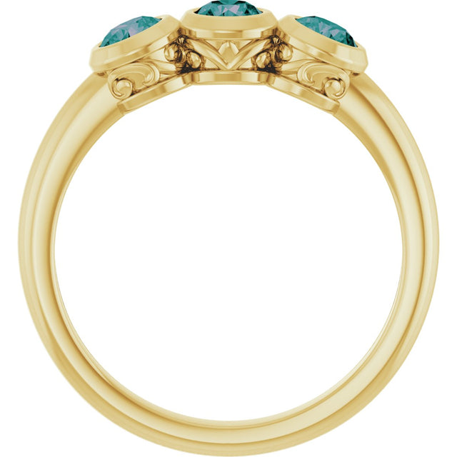 14K Gold Round Natural Alexandrite Three-Stone Bezel-Set Ring - Yellow Gold - view 2